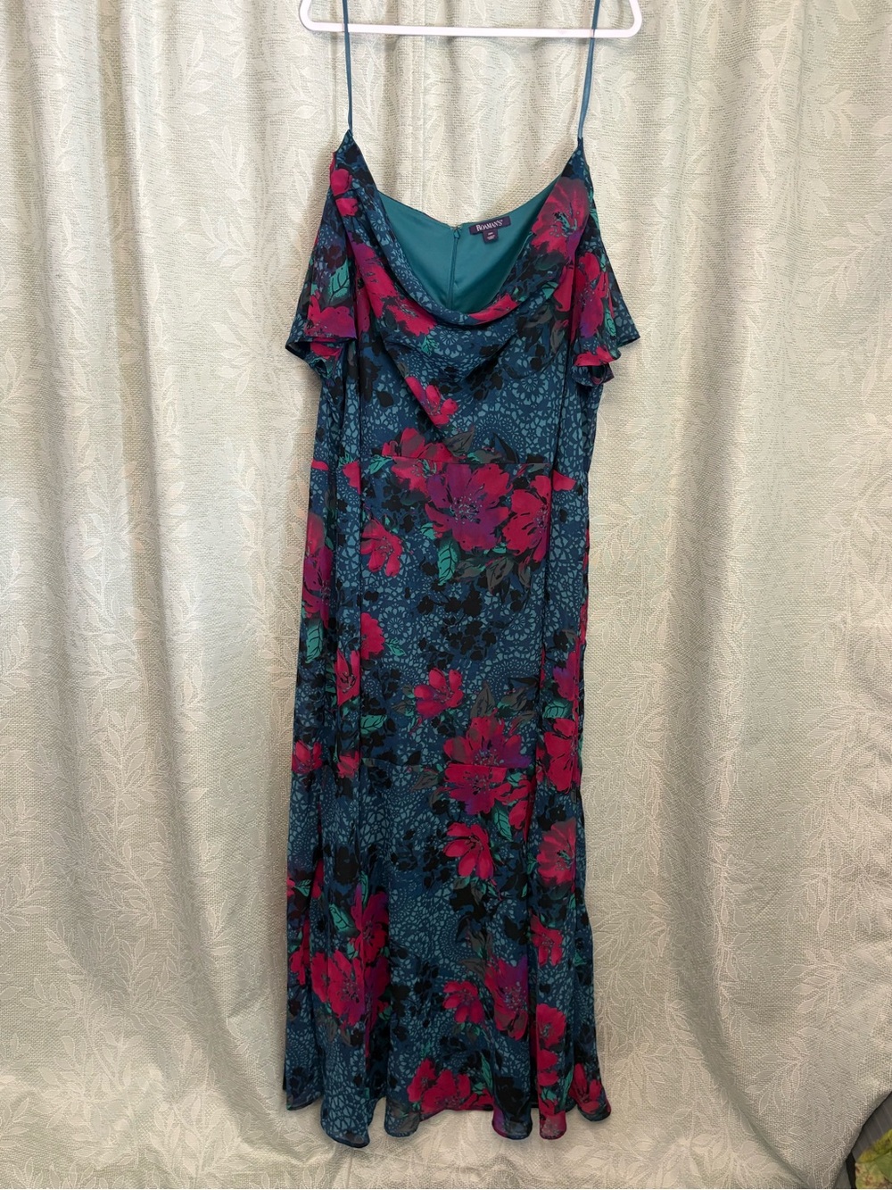 Roaman's Teal Maxi Dress with Pink Floral Print